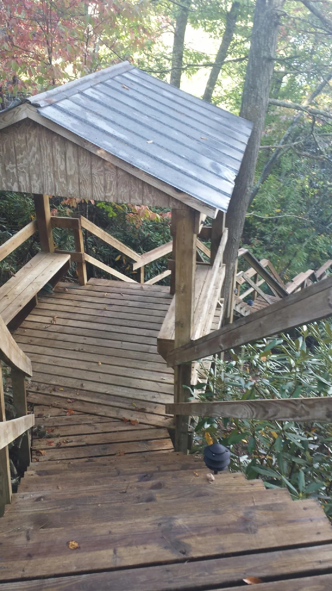 Metal roofed shelter over wooden steps on a wooded walkway — Skylight Repair & Installation work by our crew in Whitwell